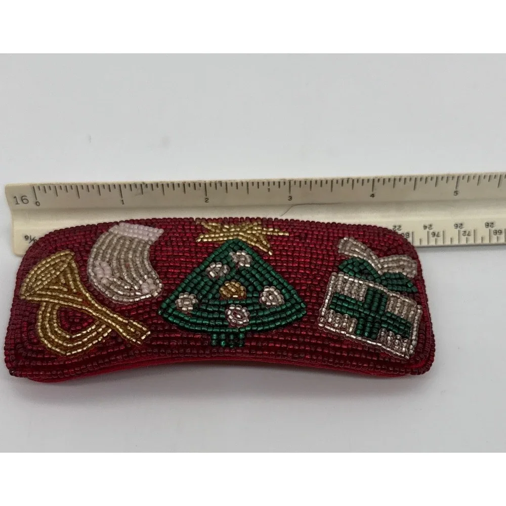 Vintage 90s Red Beaded Christmas Barrette Festive Tree Stocking French Hair Clip